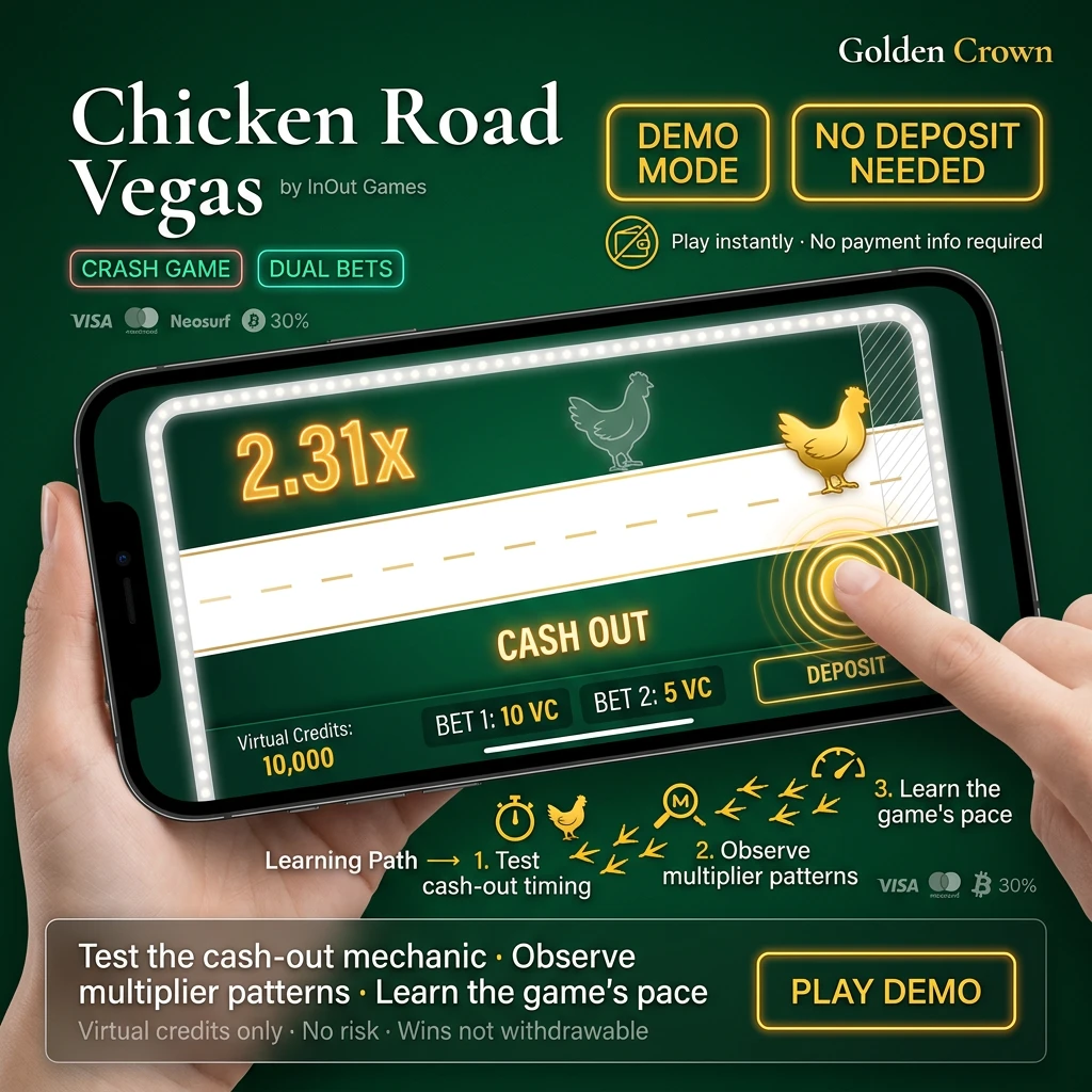 Chicken Road Vegas slot game demo mode with virtual credits on Golden Crown casino platform
