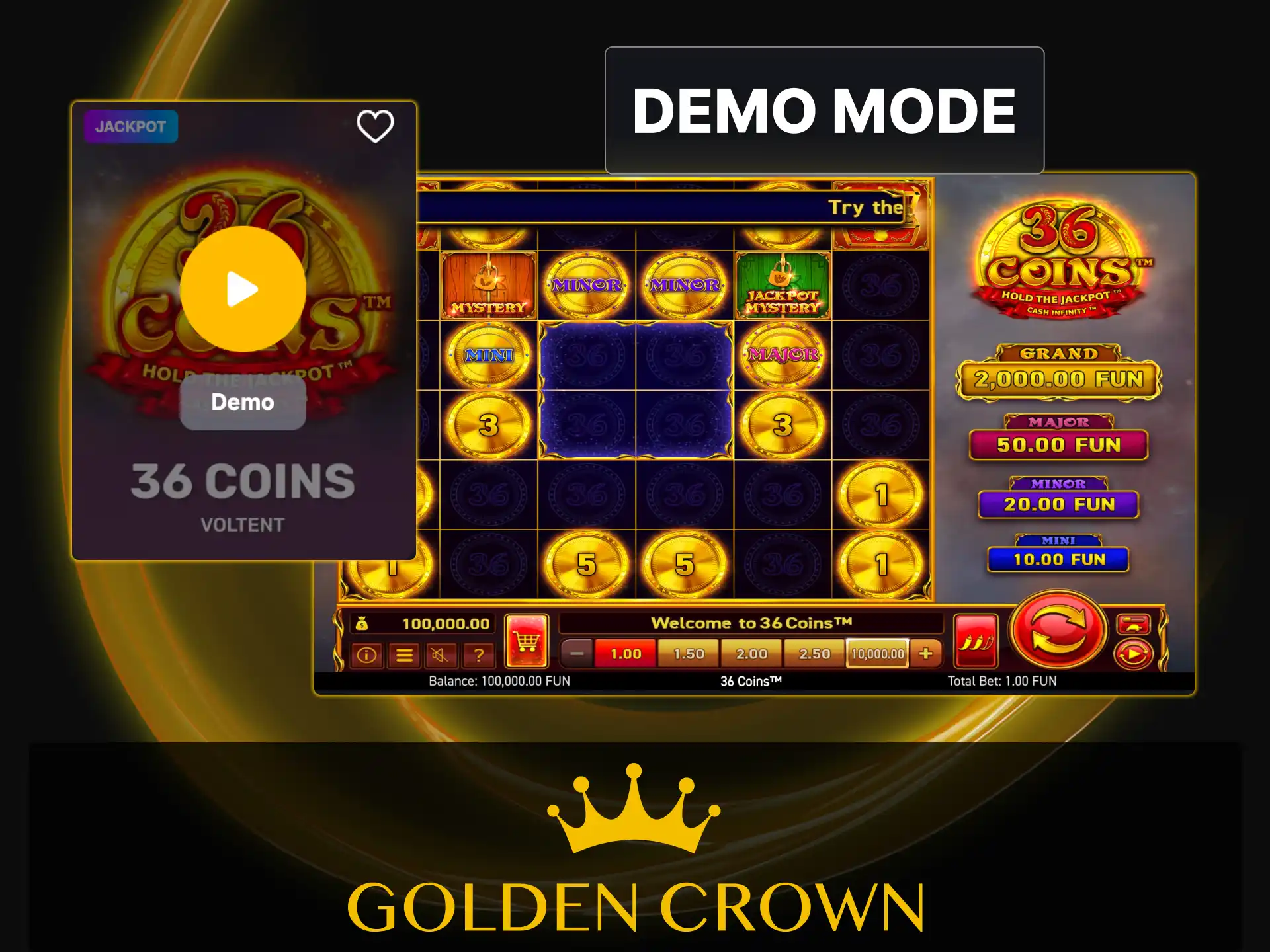 Try 36 Coins slot in free demo mode without deposit at Golden Crown Casino.