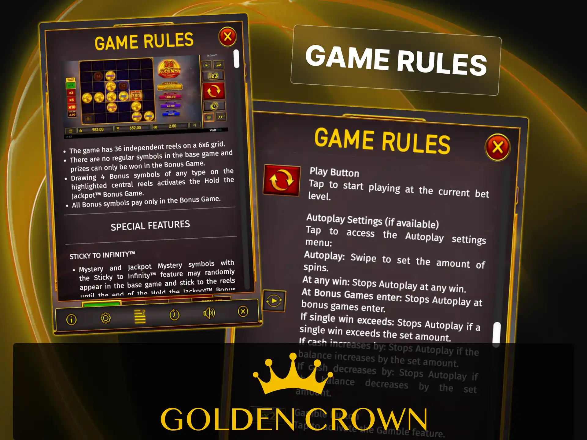 Learn 36 Coins game rules and 6x4 cluster-pays mechanics at Golden Crown Casino.
