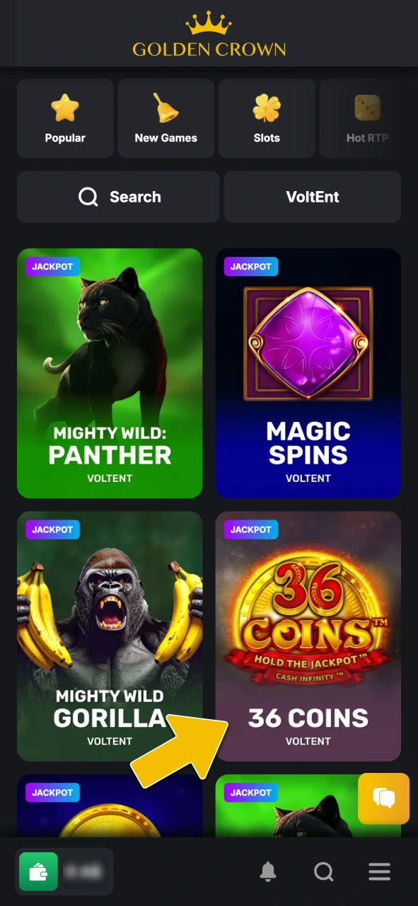 Navigate to the casino section to find 36 Coins slot at Golden Crown Casino.