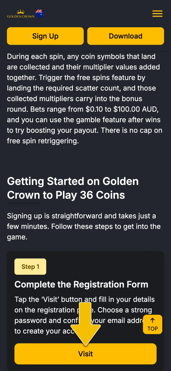 Complete the sign-up form with strong password credentials at Golden Crown Casino Australia.