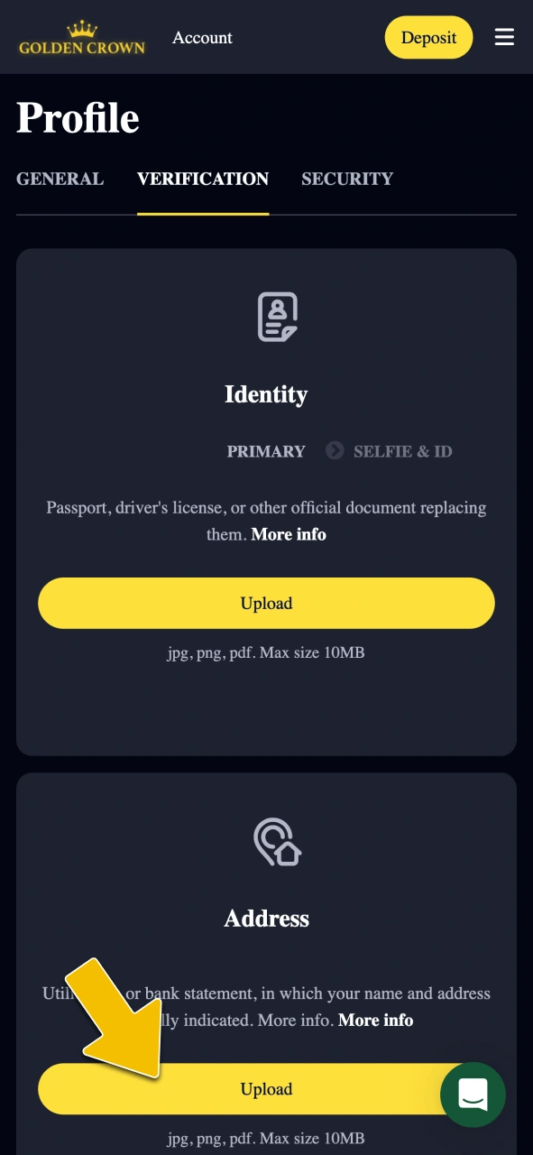 Upload required identity documents to verify your profile at Golden Crown Casino Australia.