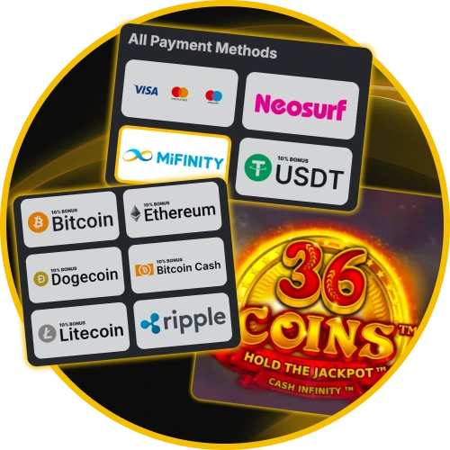 Deposit and withdraw using Neosurf, Visa, and Bitcoin to play 36 Coins at Golden Crown Casino.