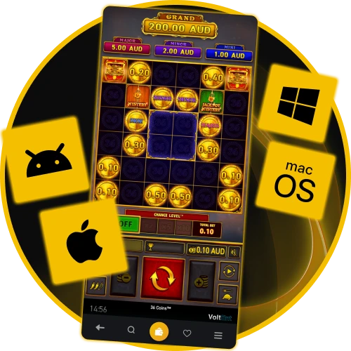 Access 36 Coins slot seamlessly on desktop, Android, and iOS at Golden Crown Casino.