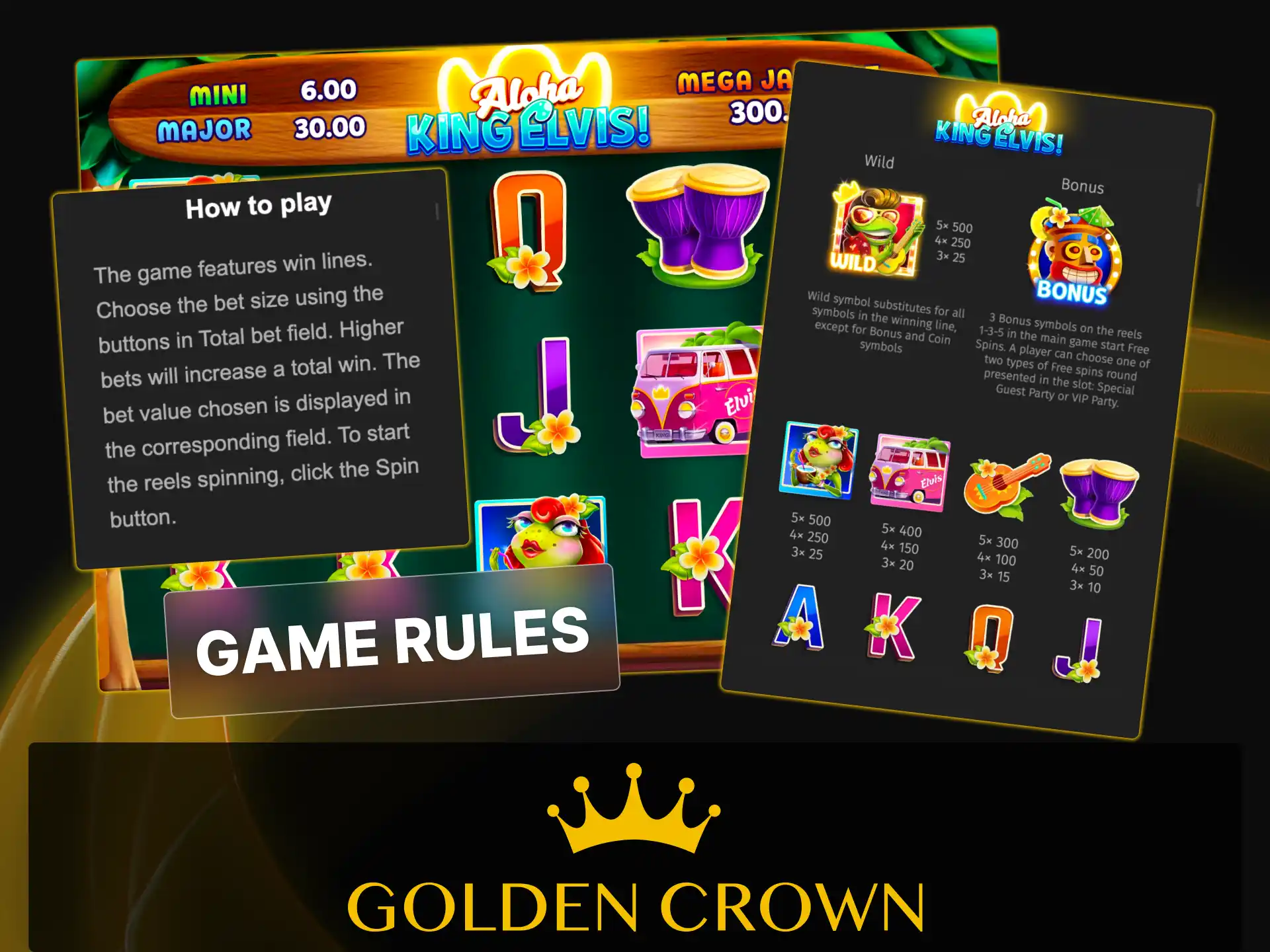 Learn Aloha King Elvis slot game rules and cluster-pays mechanics at Golden Crown Casino.