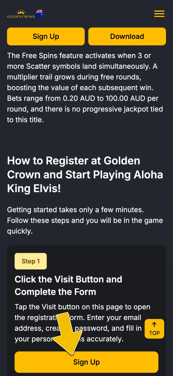 Click the visit button to open the registration form at Golden Crown Casino.