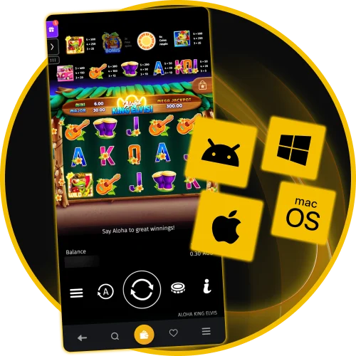 Experience full gameplay functionality Aloha King Elvis on desktop and mobile platforms at Golden Crown Casino.