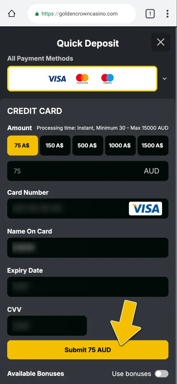 Complete your first deposit at Golden Crown Casino to activate bonuses and start playing.