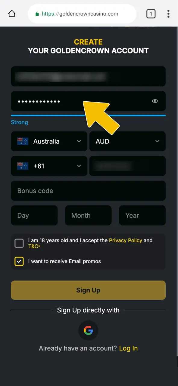 Enter your email, password, and select AUD currency to register at Golden Crown Casino.
