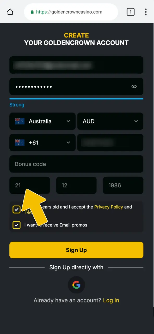 Fill in your personal details and set Australia as your country on Golden Crown Casino.