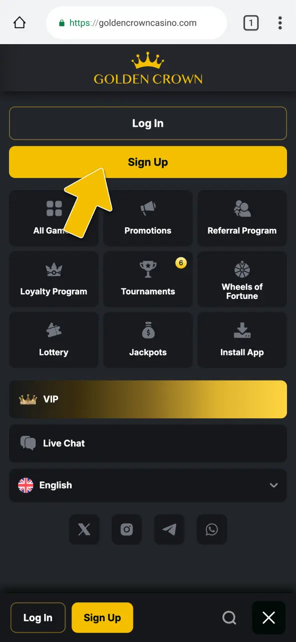 Tap Sign Up or Register on the Golden Crown mobile site to start account creation.