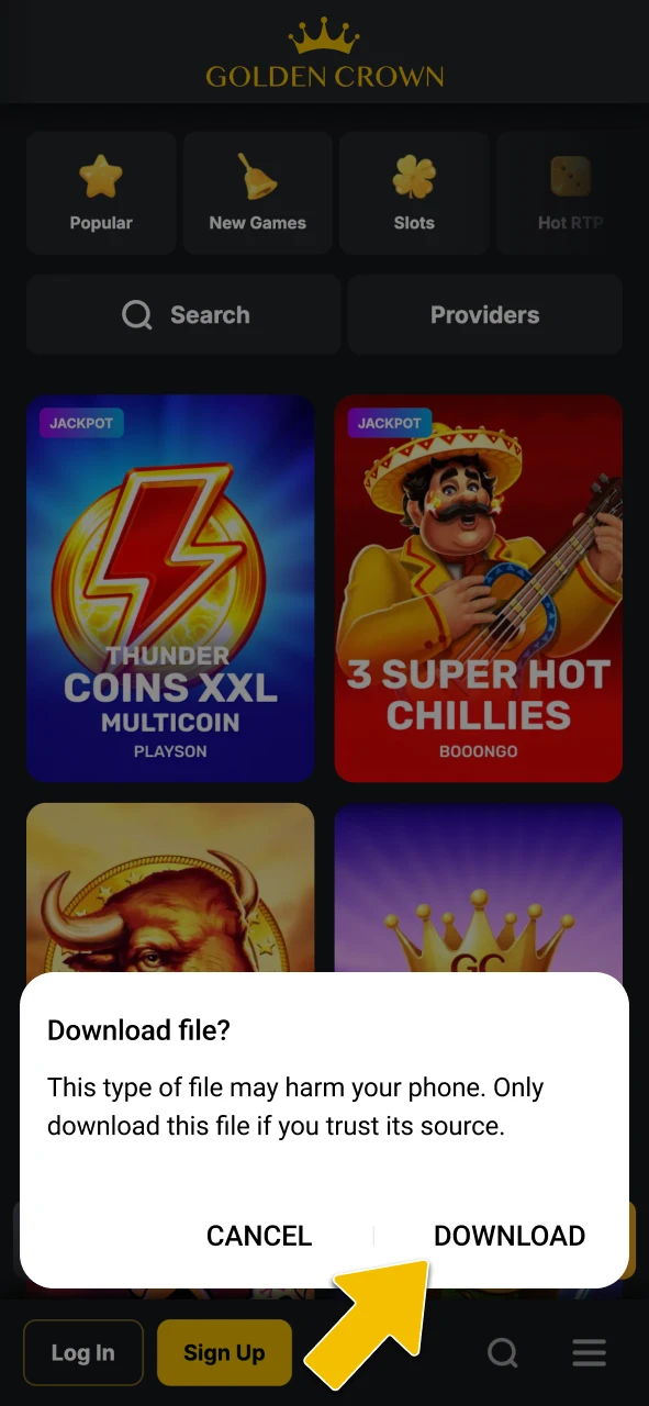Confirm the Golden Crown app download in the pop-up window on your mobile device.