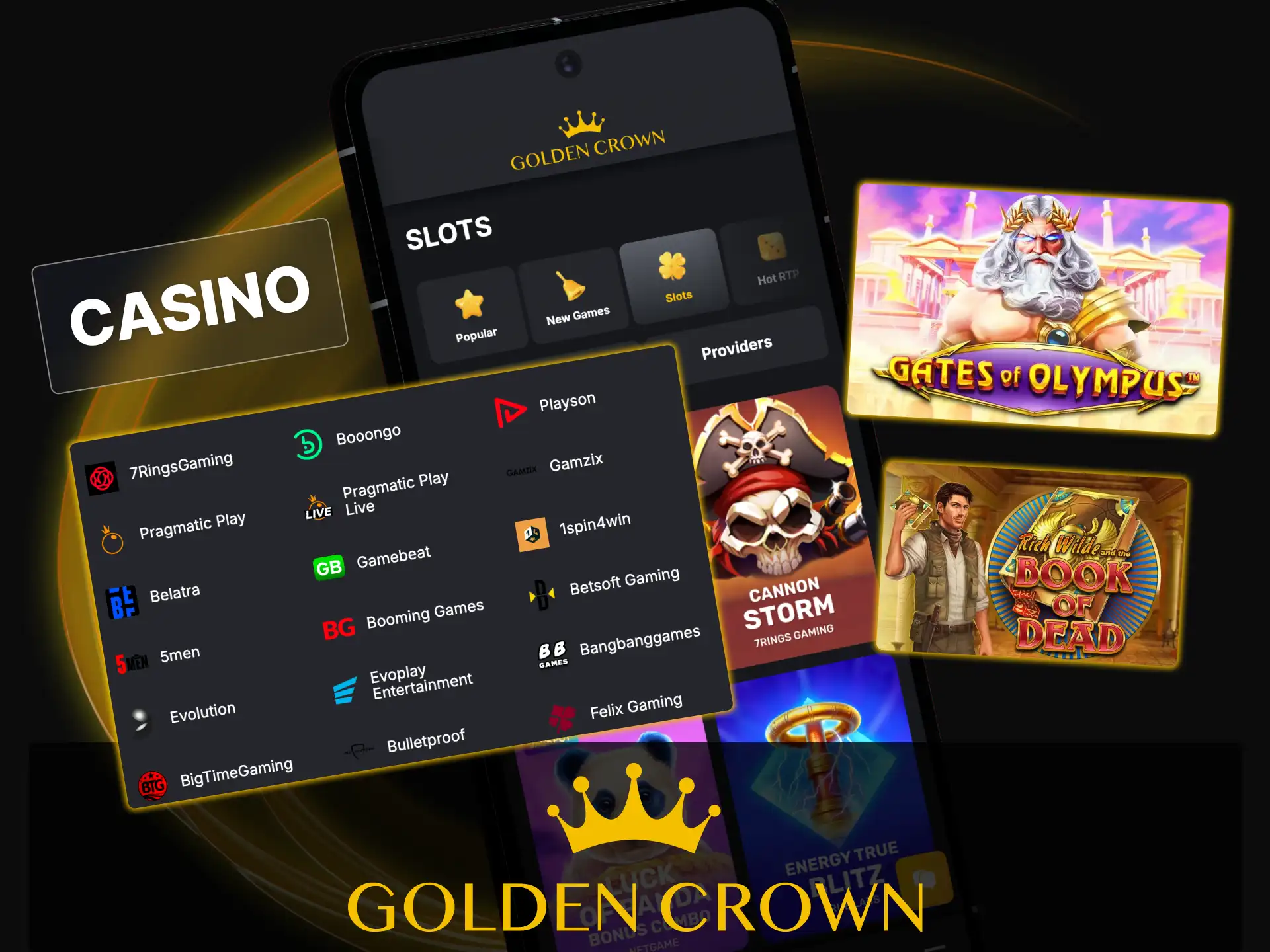 Access hundreds of slots and live dealer games directly in the Golden Crown app.