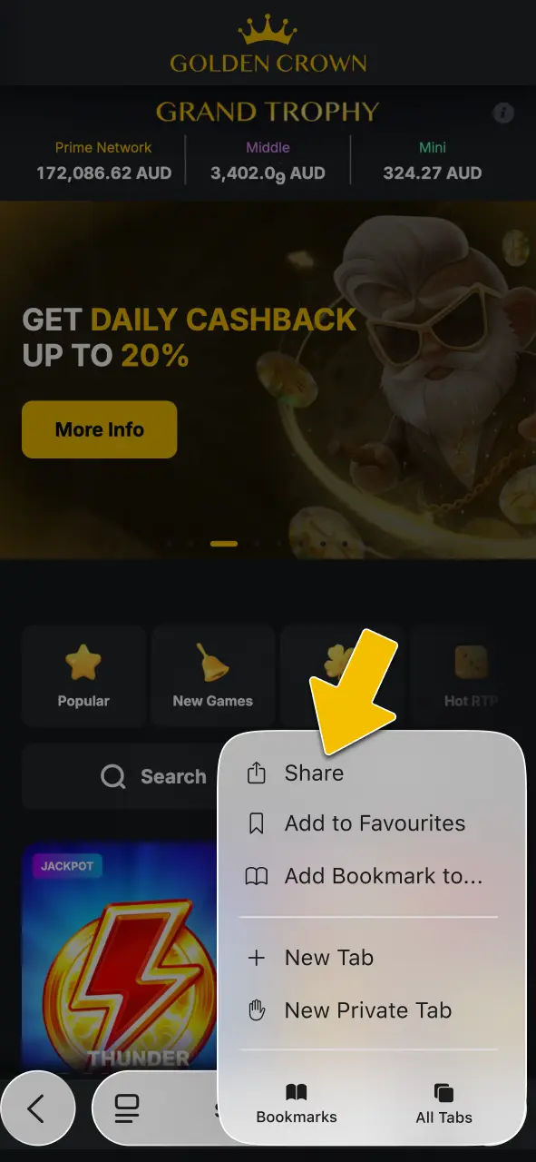 Tap the Share icon in Safari and select Add to Home Screen for Golden Crown iOS access.