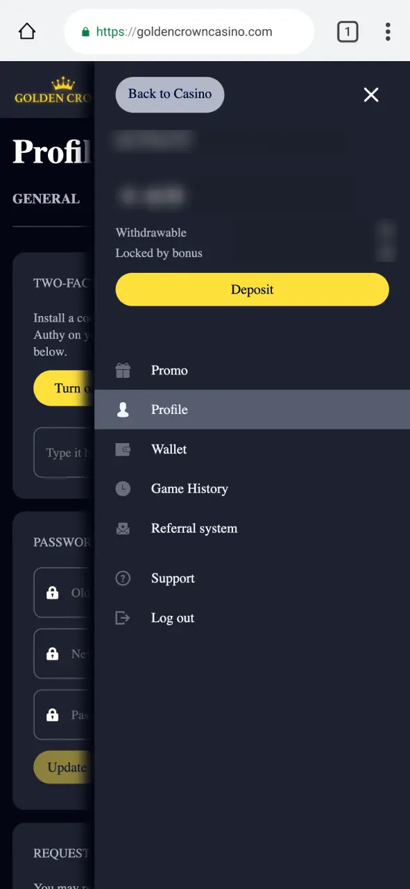 Access your Golden Crown account immediately to manage your balance and active bonuses.