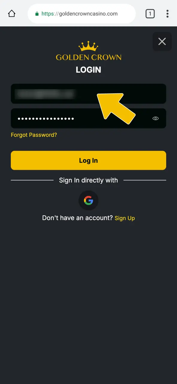 Enter your registered email address and password to log in to Golden Crown Casino.