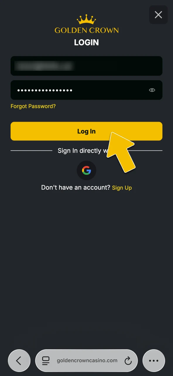Tap Sign In to access your games, bonuses, and sports betting options at Golden Crown.