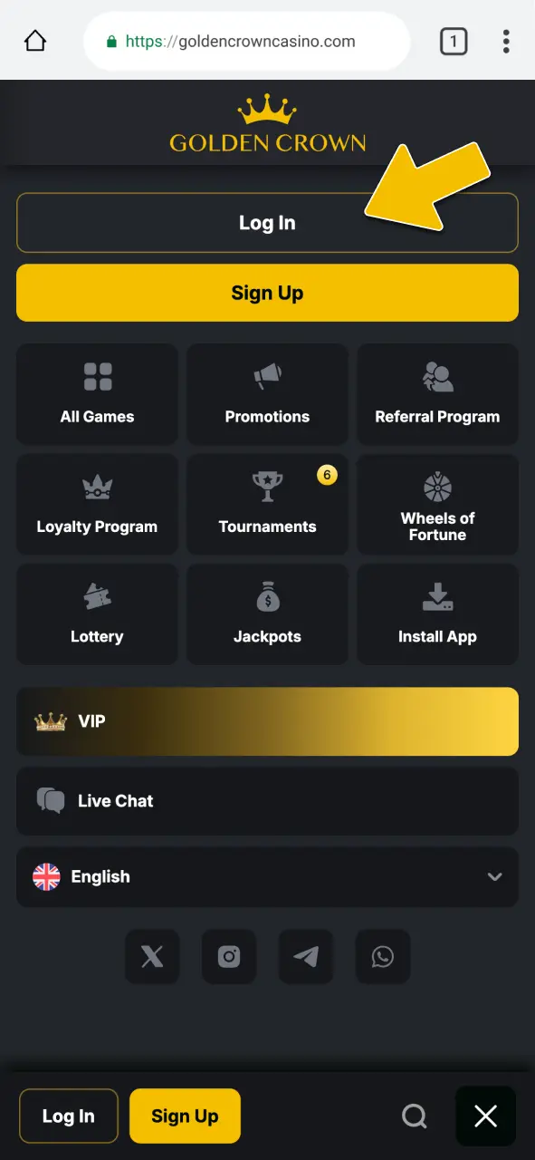 Tap Log In at the top of the page to open the Golden Crown account sign-in screen.
