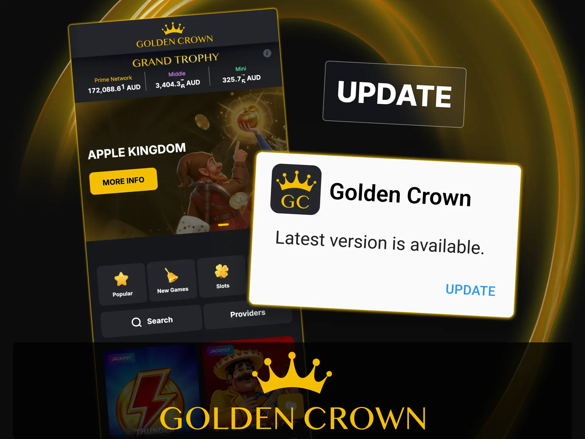 Update the Golden Crown Android APK or auto-update the iOS PWA for the latest features today.
