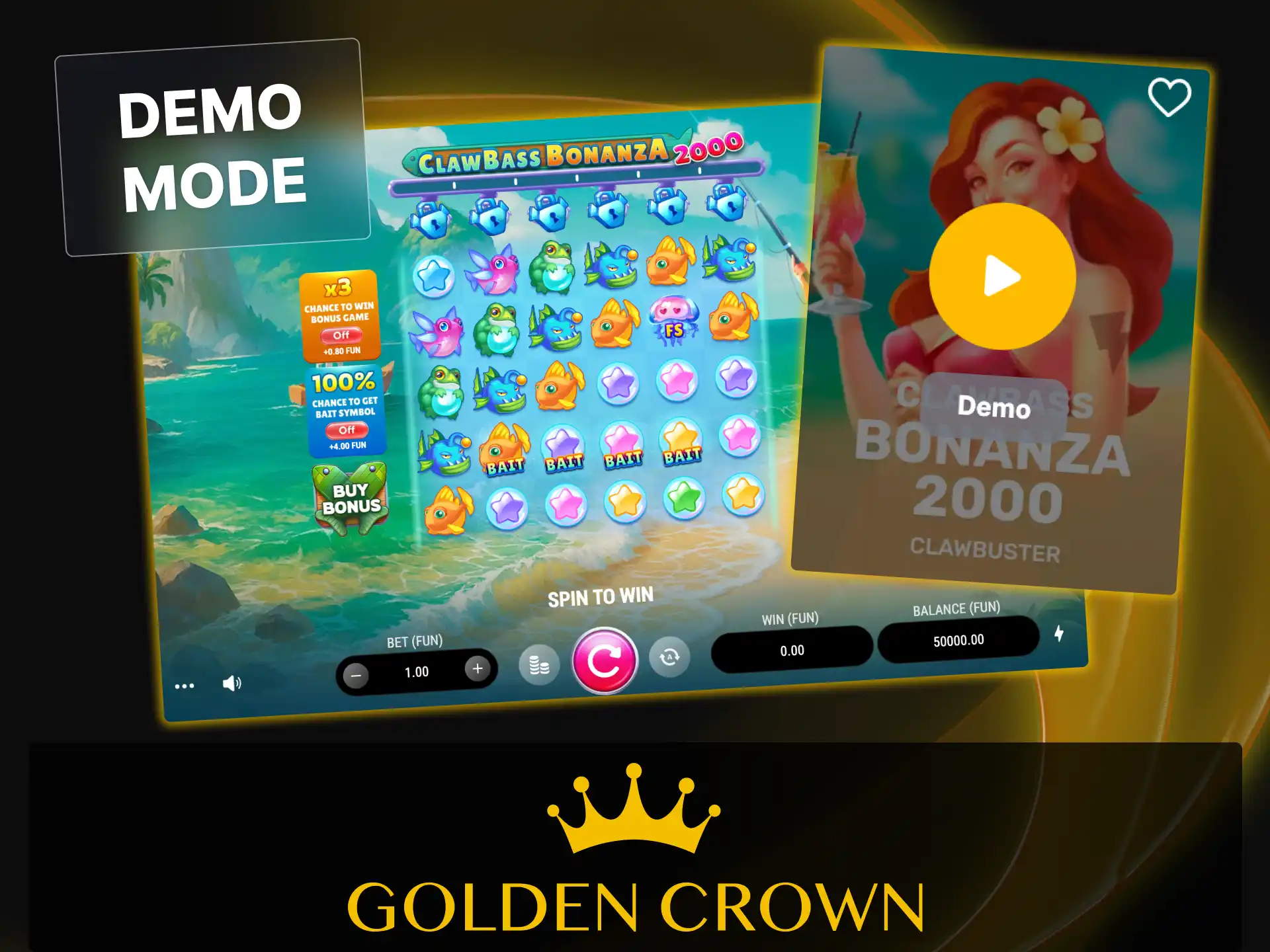 Try Clawbass Bonanza 2000 in free demo mode without risk at Golden Crown Casino.