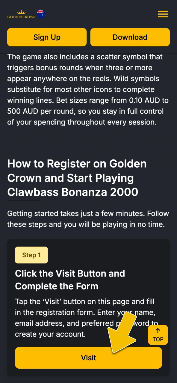 Click the visit button to start registering at Golden Crown Casino.
