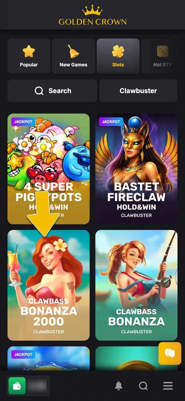 Navigate to the games section and launch Clawbass Bonanza 2000 at Golden Crown.