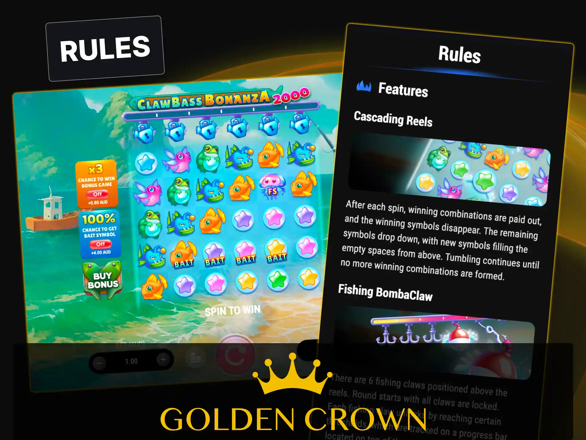 Learn Clawbass Bonanza 2000 game rules and payline mechanics at Golden Crown Casino.