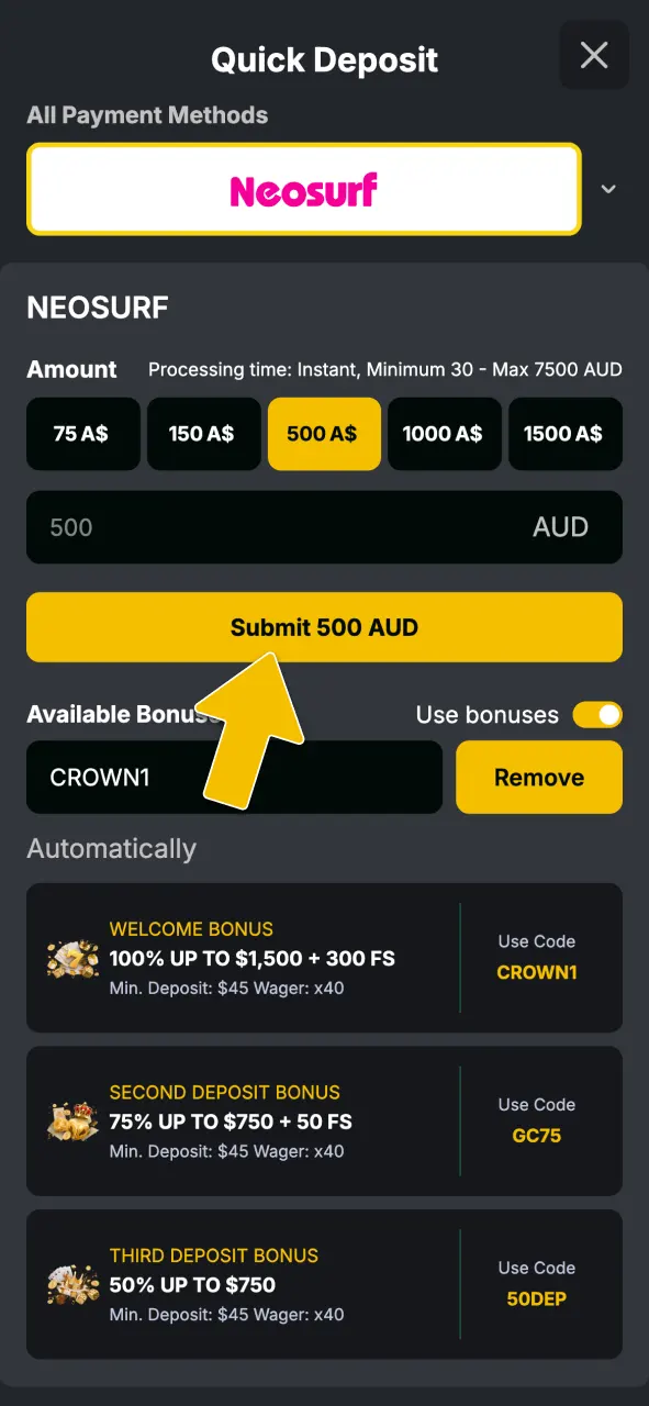 Confirm your deposit to automatically activate your bonus funds at Golden Crown Casino.