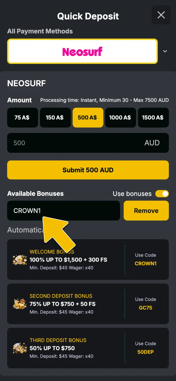 Enter your promo code during the deposit process to activate rewards at Golden Crown Casino.