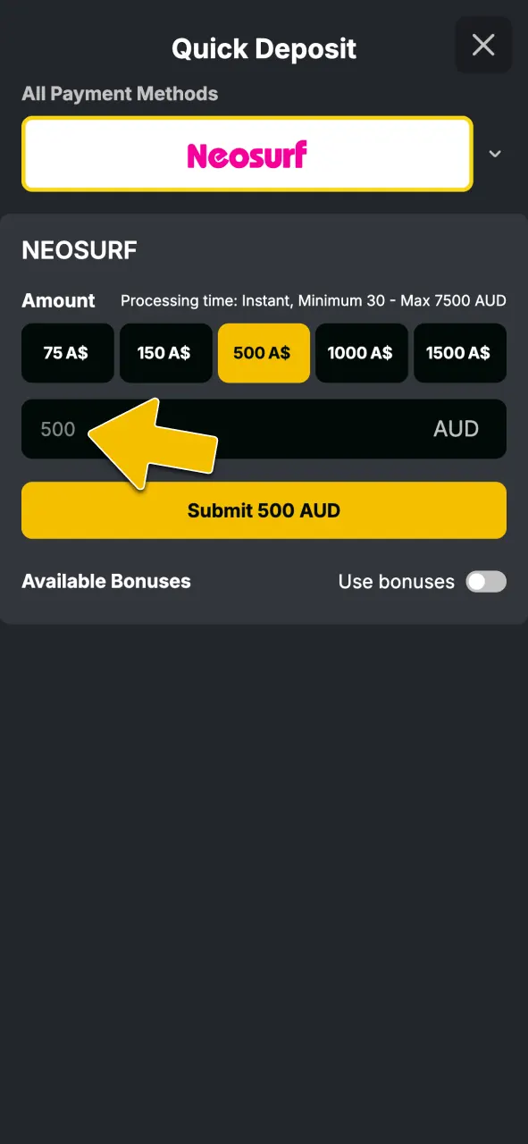 Select your payment method and fund your account to claim bonuses at Golden Crown Casino.