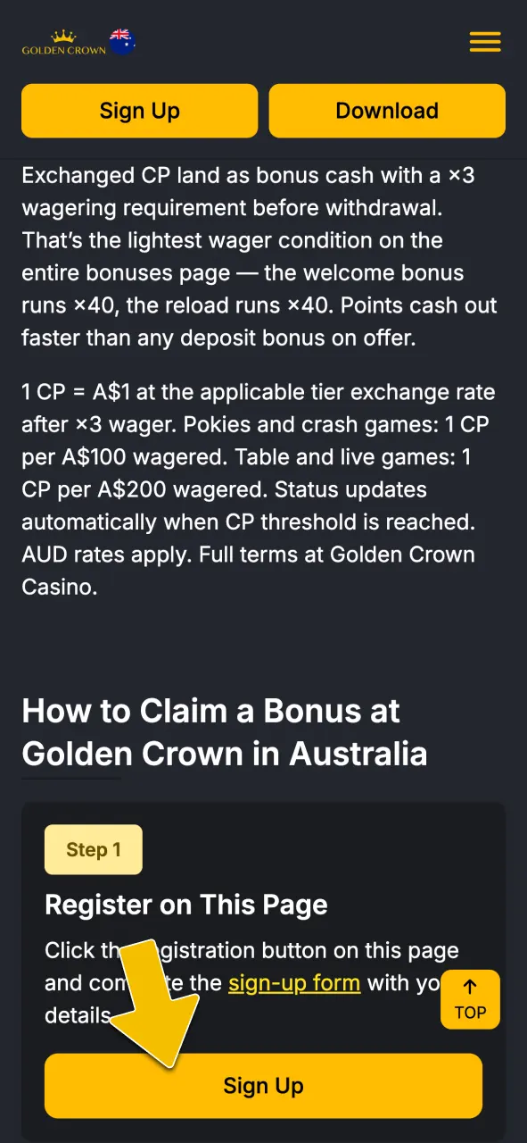 Click the sign-up button on this page to register a new account at Golden Crown Casino.