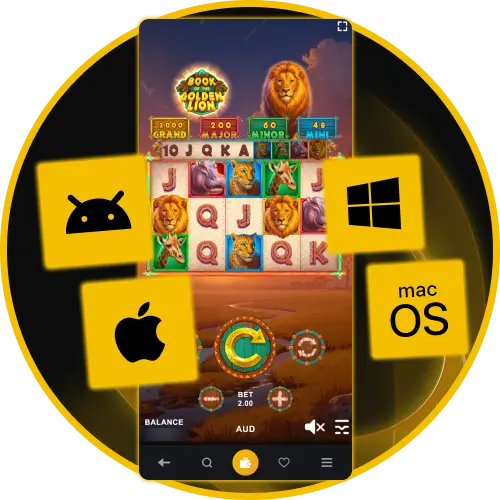 Access multi-platform play for Book of the Golden Lion at Golden Crown Casino across devices.