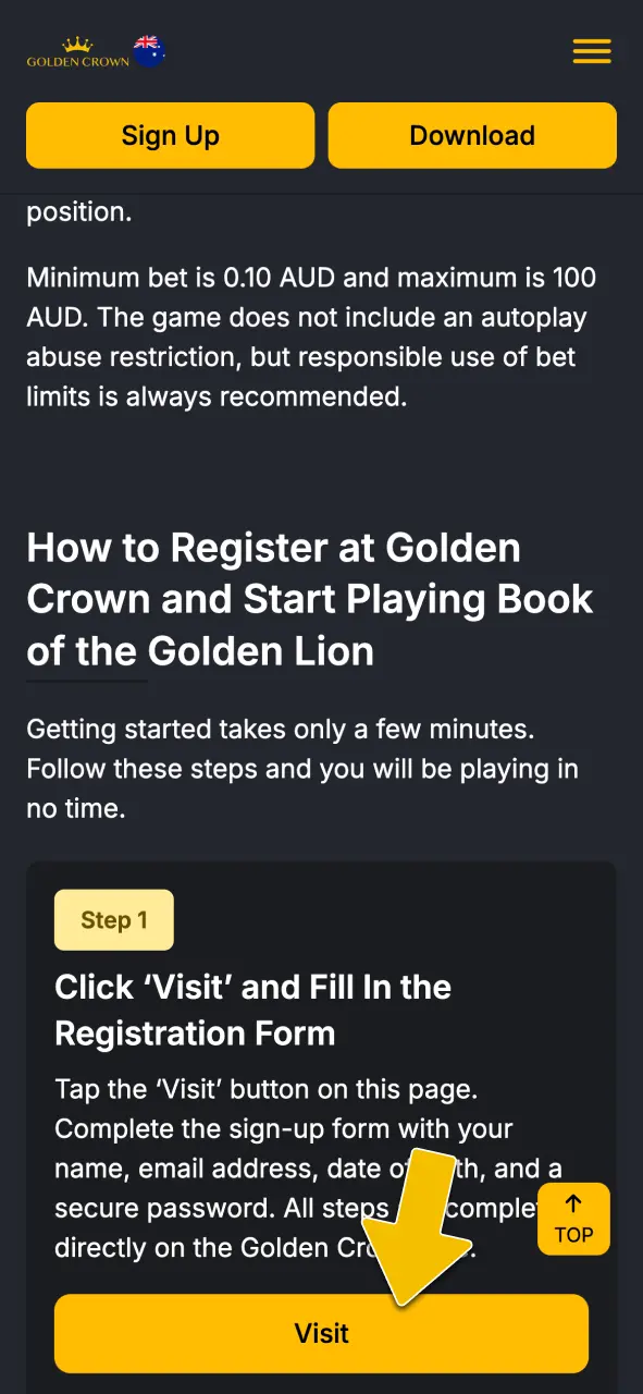 Tap the visit button to access the sign-up form at Golden Crown Casino.