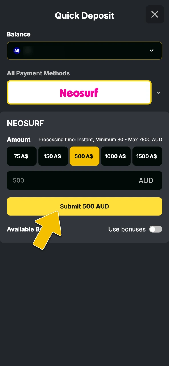 Navigate to the cashier section to place your deposit at Golden Crown Casino.