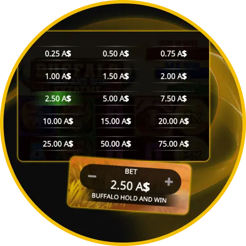 Set flexible bet sizes on Buffalo Hold and Win slot at Golden Crown Casino.