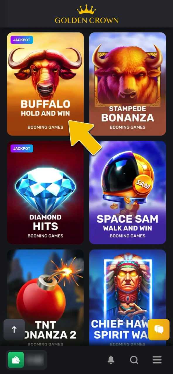 Search and launch Buffalo Hold and Win slot in the casino section at Golden Crown Casino.