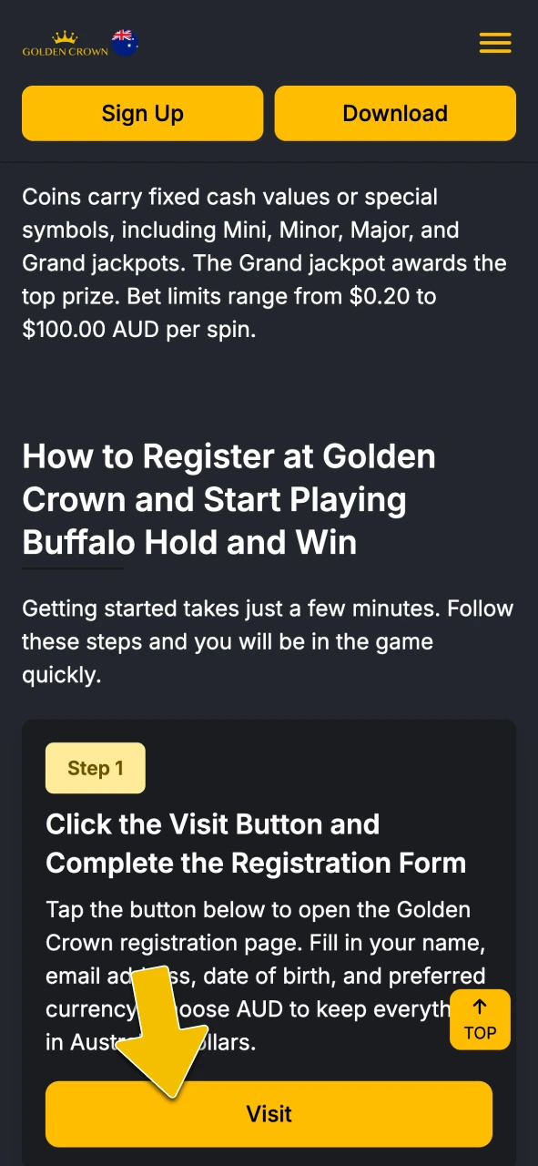 Complete your registration with name, email, and AUD currency at Golden Crown Casino.