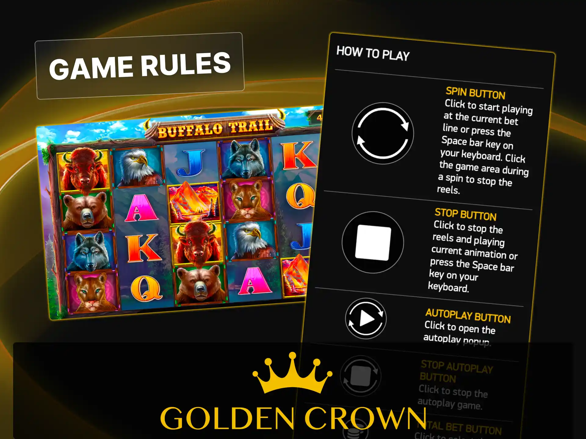 Learn Buffalo Trail game rules and reel mechanics at Golden Crown Casino.