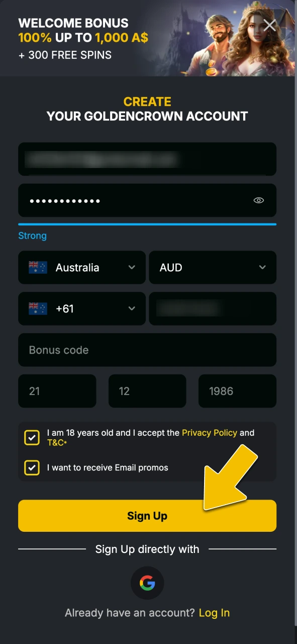 Fill in registration details including name and email at Golden Crown Casino.
