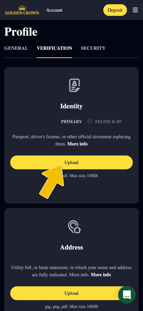 Complete identity verification to enable fast withdrawals at Golden Crown Casino Australia.