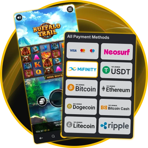 Deposit and withdraw for Buffalo Trail using Neosurf and Visa at Golden Crown Casino.