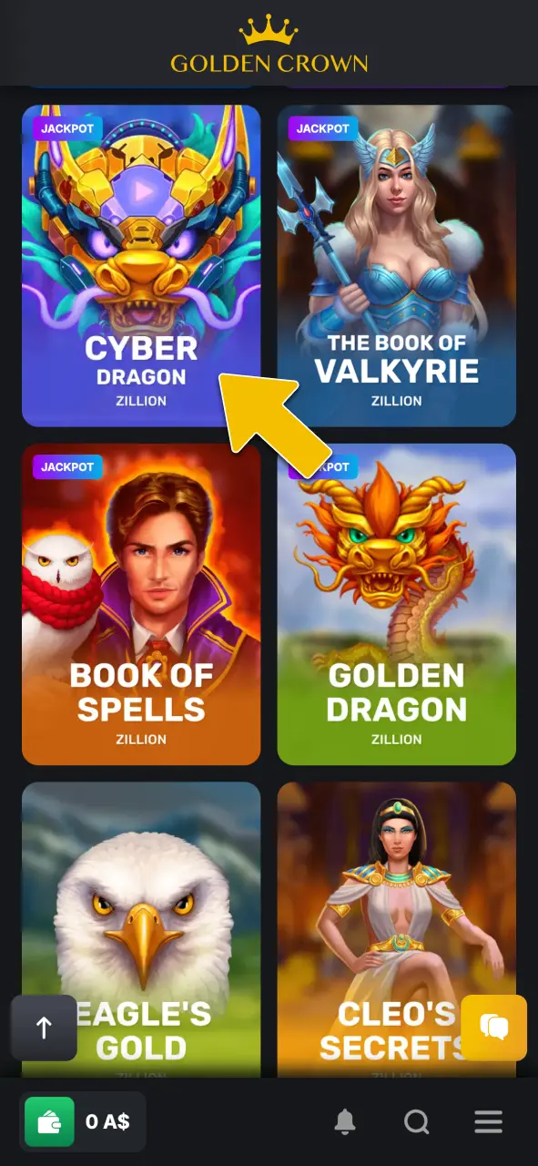 Navigate to the casino section to find Cyber Dragon at Golden Crown Casino.