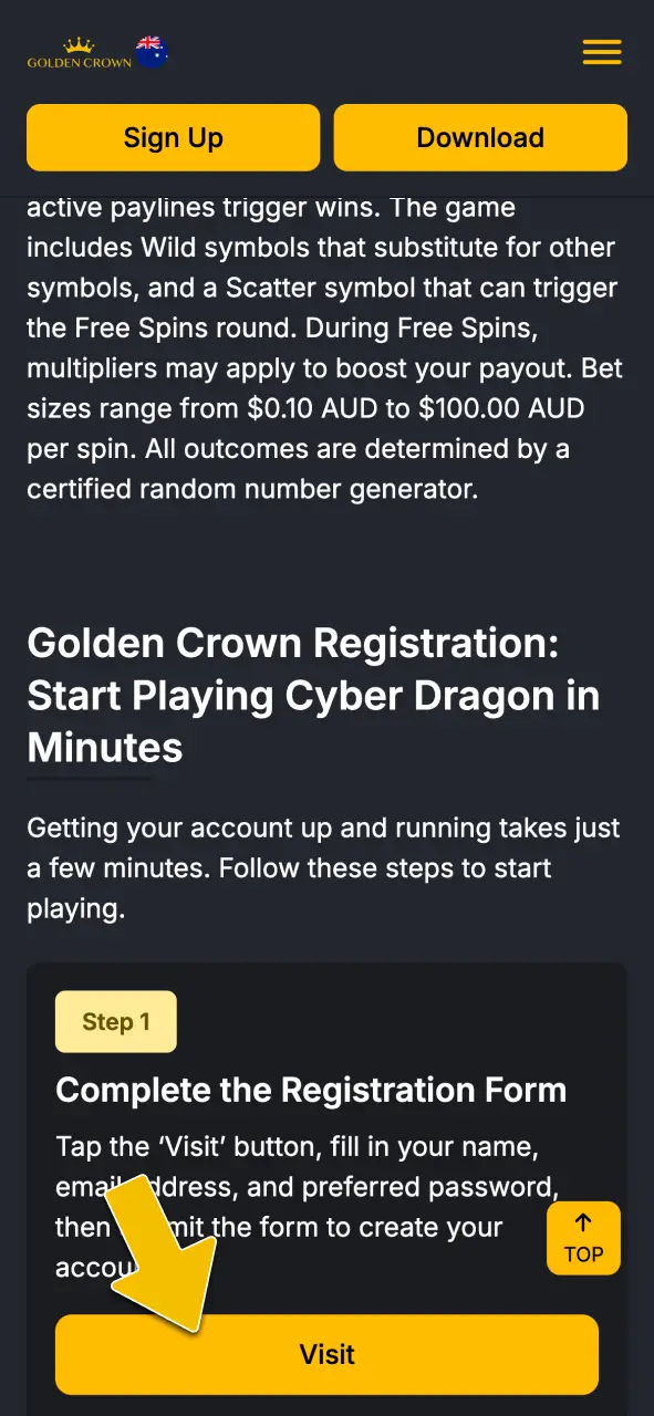 Click the visit button to start registration for Cyber Dragon at Golden Crown Casino.