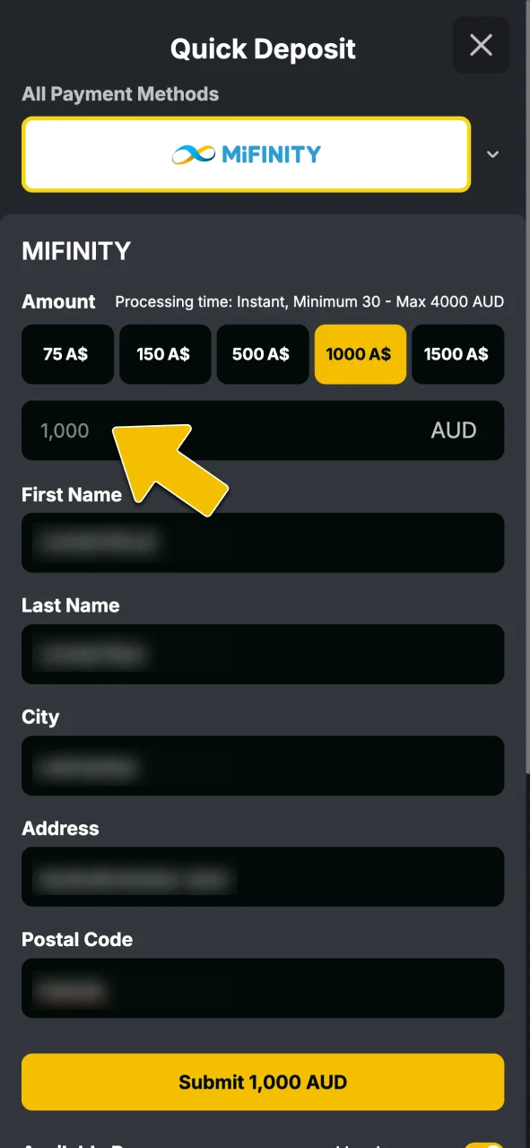 Enter your desired deposit amount within the specified limits at Golden Crown Casino.