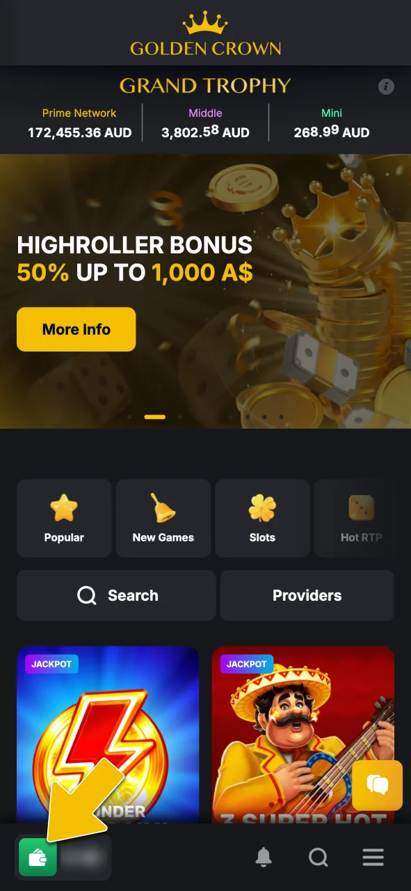 Navigate to the Cashier section from the main menu at Golden Crown Casino.