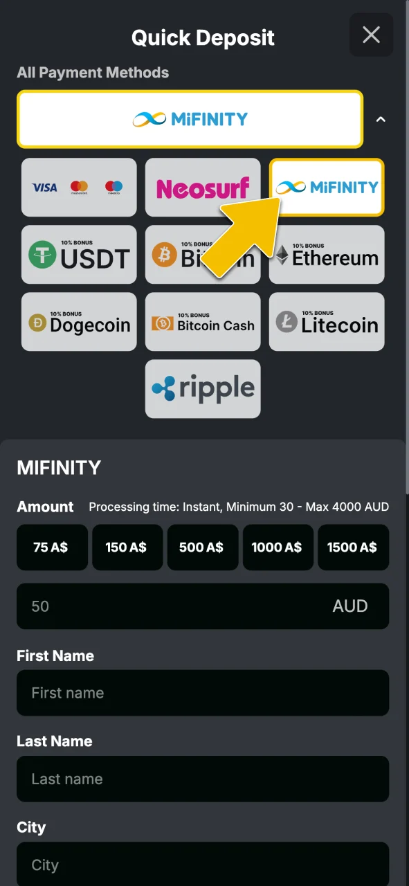 Select your preferred deposit method including credit cards, e-wallets, or crypto at Golden Crown Casino.