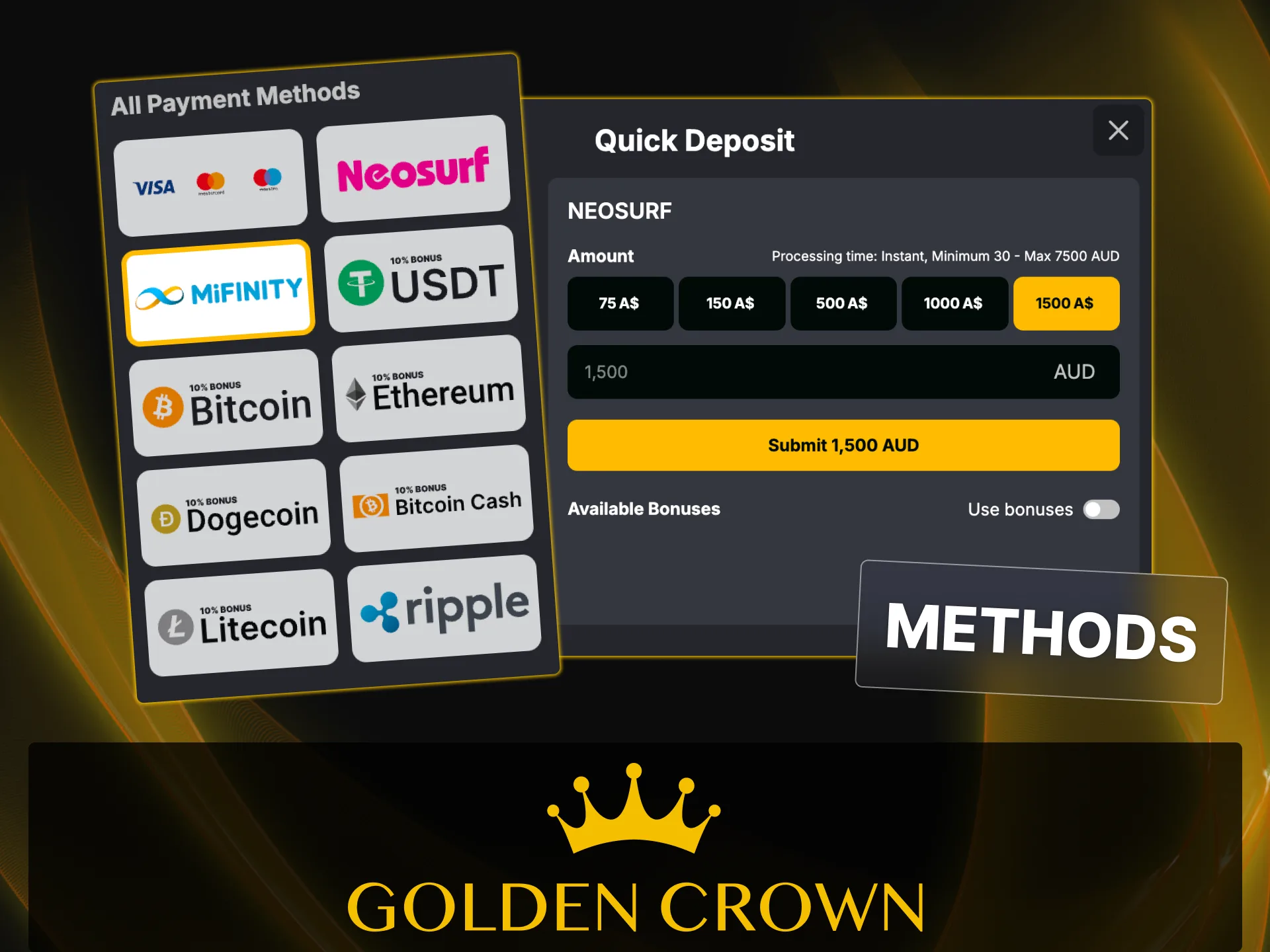 Use popular deposit methods for Australian players including cards and crypto at Golden Crown.