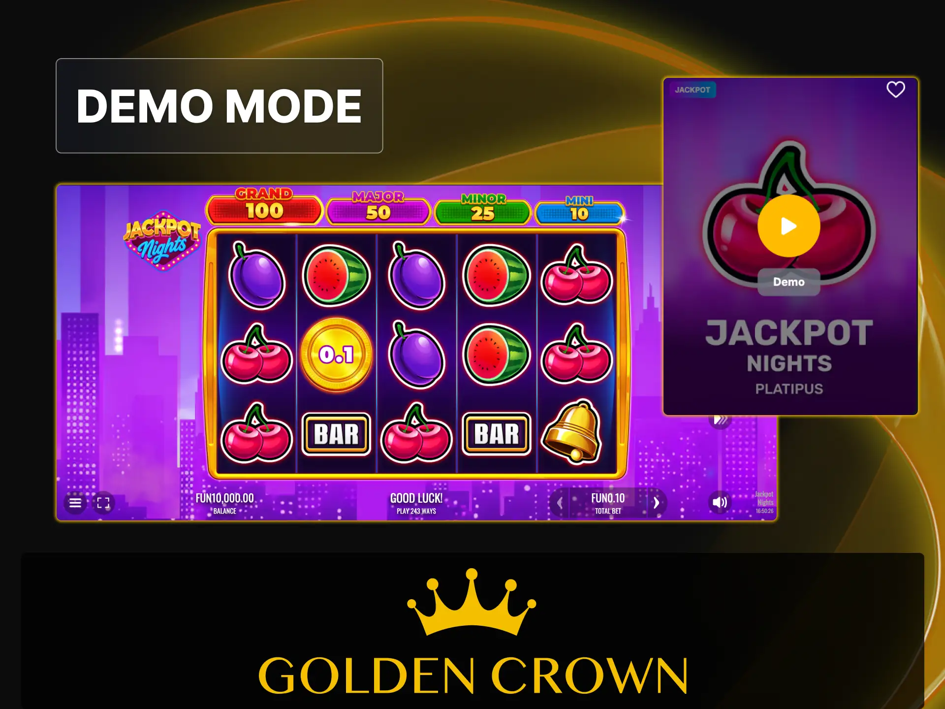 Try Jackpot Nights slot in free demo mode without spending real money at Golden Crown Casino.