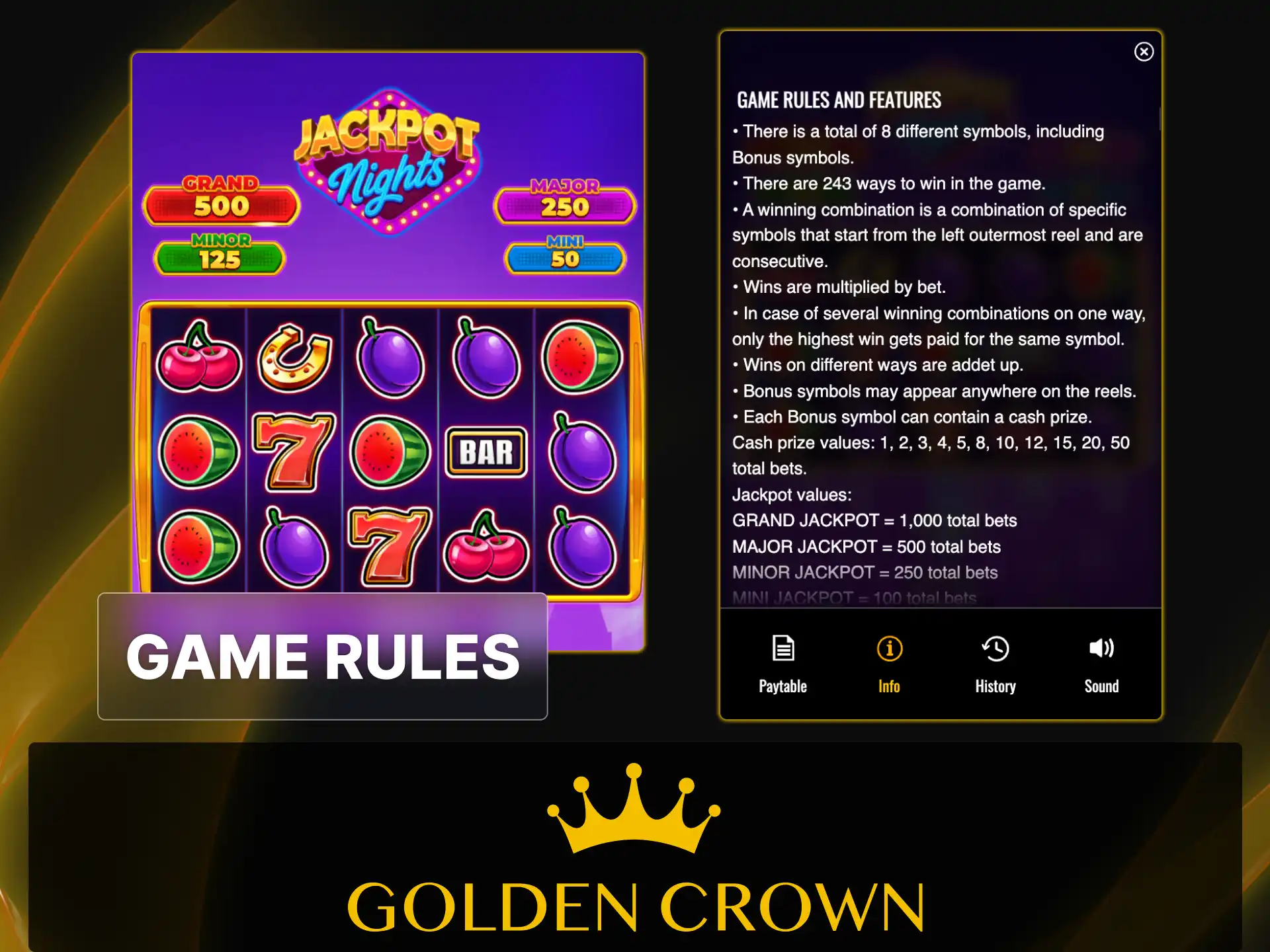 Learn Jackpot Nights game rules and paytable mechanics at Golden Crown Casino.