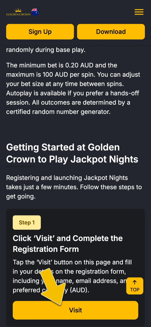 Click the visit button to access the registration form for Jackpot Nights at Golden Crown Casino.